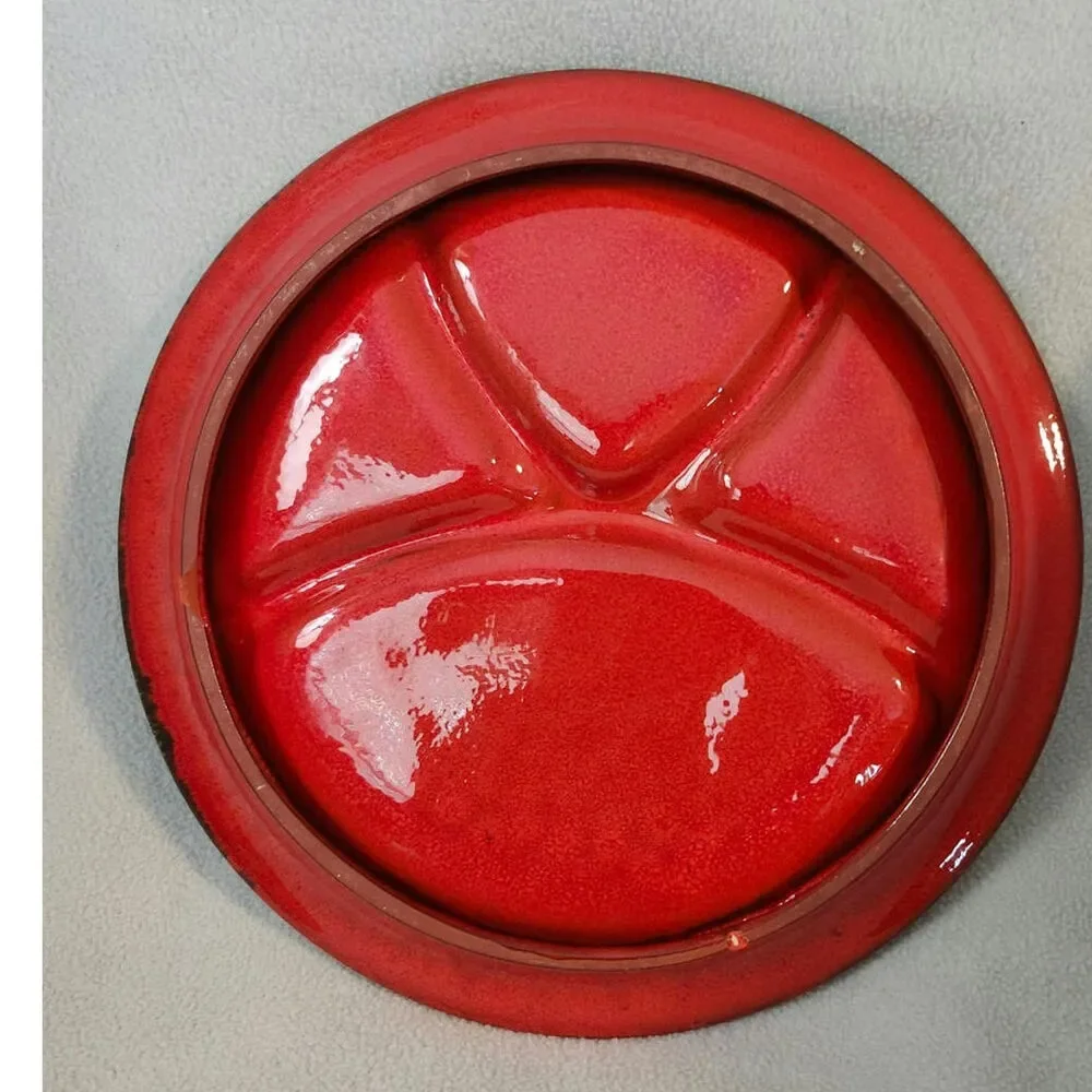 Majolica Ceramic Divided Clay Pottery Plate Red Green Floral MCM Bold